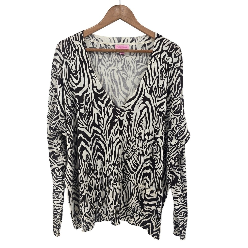 Lilly Pulitzer Sweater Womens XL Black‎ White Zebra Print V-Neck Cotton Modal
